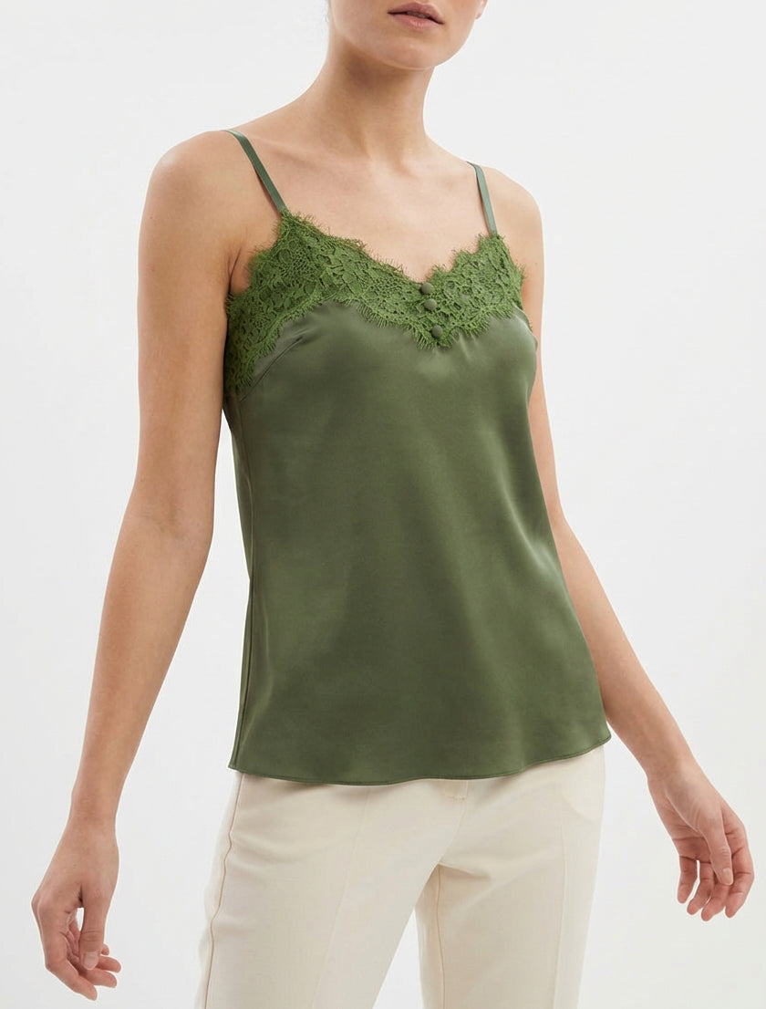 Satin-Camisole mit Spitzenbesatz - Kaki
