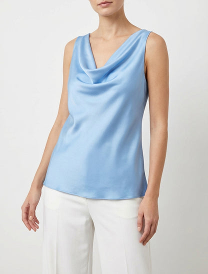 Ärmelloses Satin-Top mit Wasserfallausschnitt - Himmelblau