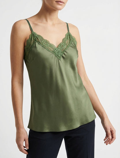 Satiniertes Camisole mit Spitzenkragen - Kaki