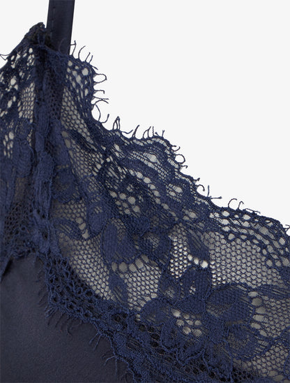 Caraco satiné à dentelle et liens - Marine - 3