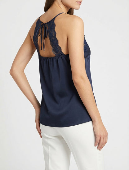 Satin-Camisole mit Spitze und Bändern - Marine