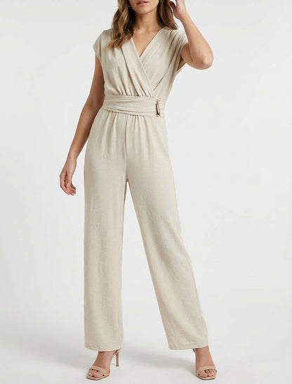 Weite Kombination mit drapiertem Wickelkragen - Beige