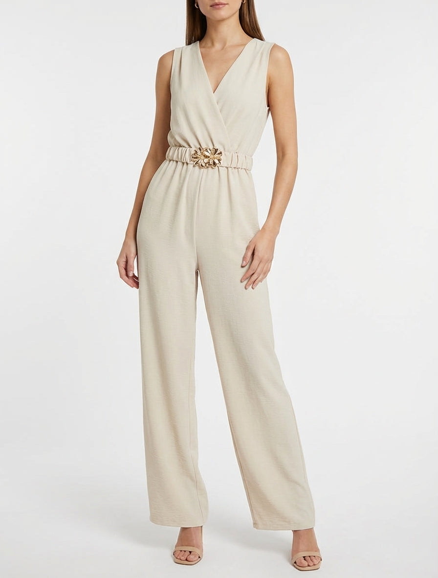 Ärmelloser Overall mit Gürtel - Beige