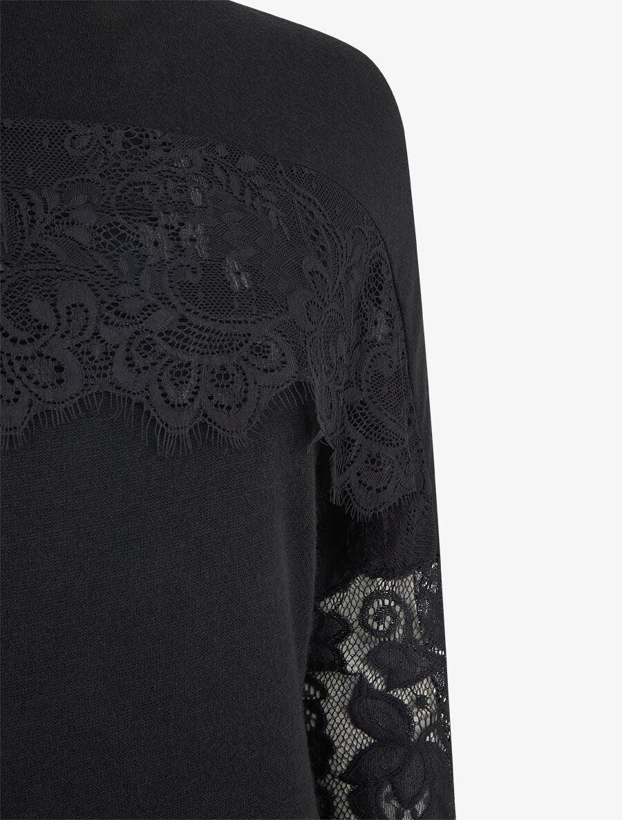 Pull fin dolman à bande dentelle - Noir - 3