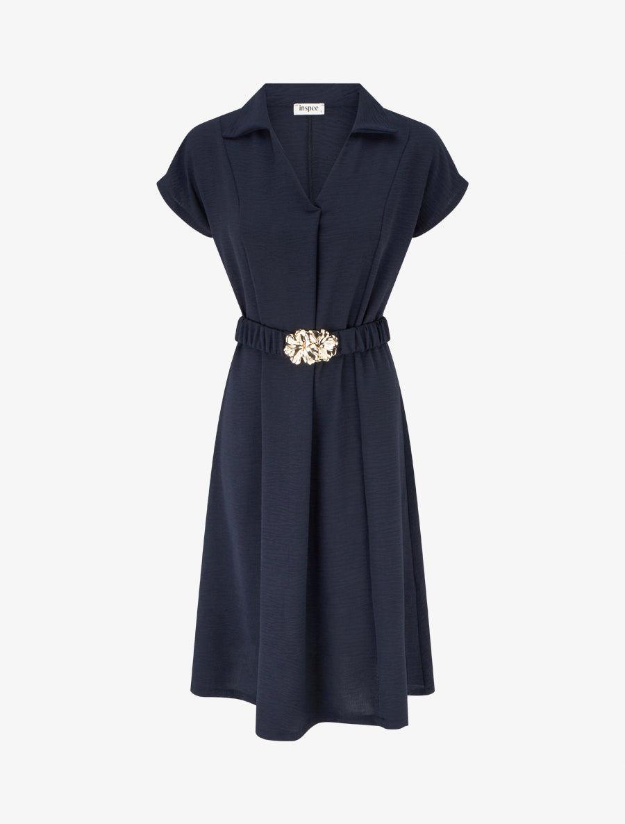 Robe fluide unie ceinturée - Marine - 1