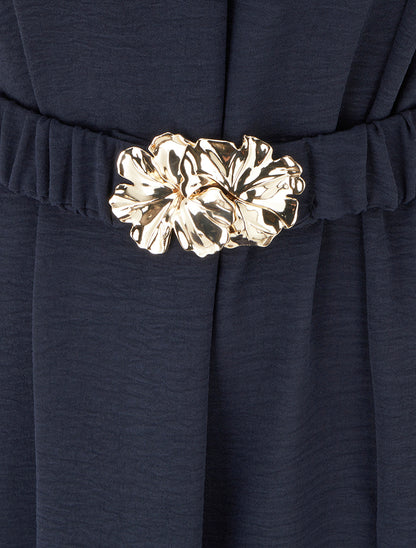 Robe fluide unie ceinturée - Marine - 3