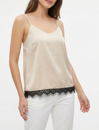 Satin-Camisole mit Spitzenbesatz - Beige
