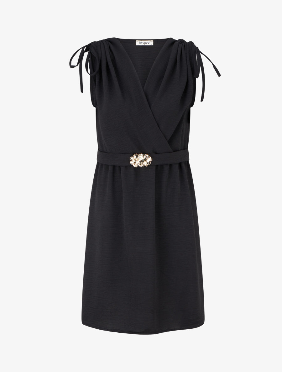 Robe unie à empiècement bijou à la taille - Noir - 1