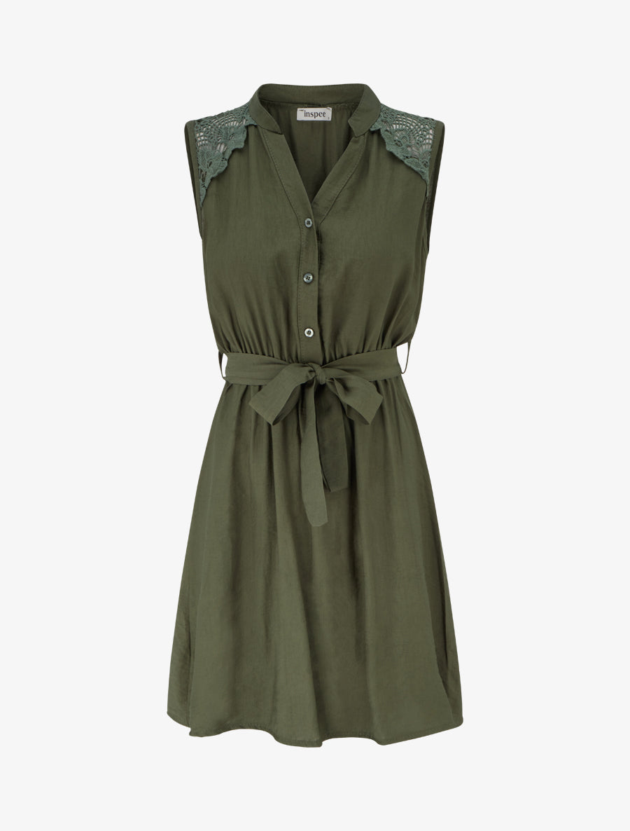 Robe mi-longue boutonnée sans manches - Kaki - 1