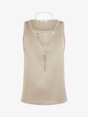 Top satiné sans manches à col bijou - Taupe - 1