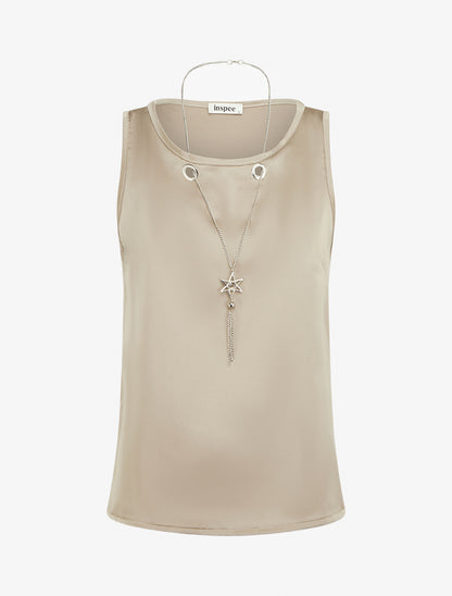 Top satiné sans manches à col bijou - Taupe - 1