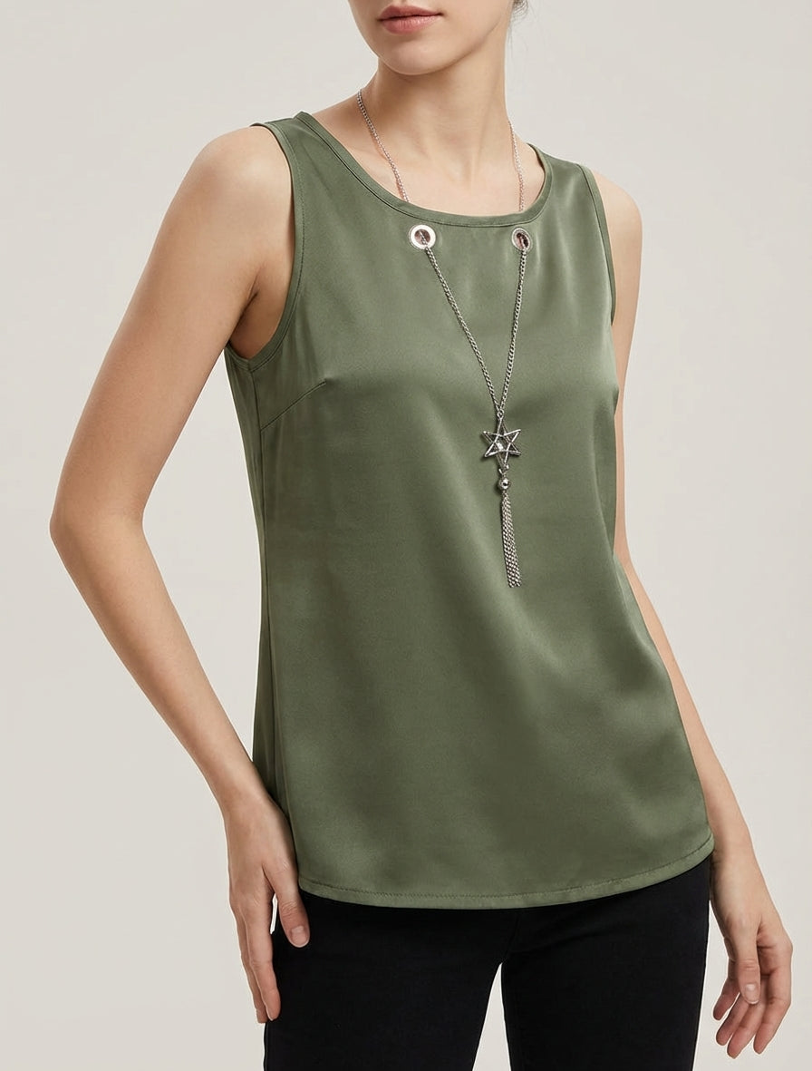 Ärmelloses Satin-Top mit Schmuckkragen - Kaki