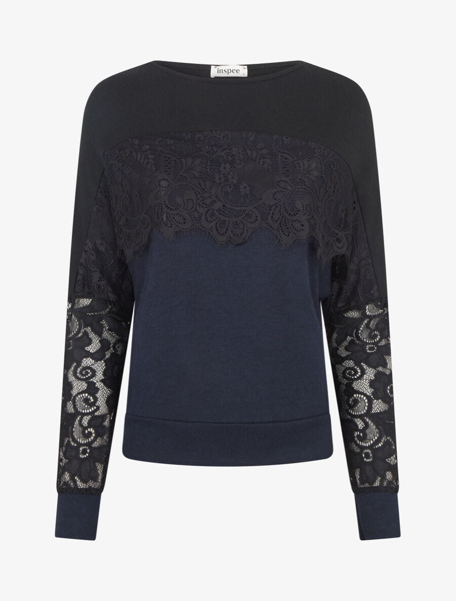 Pull fin dolman à bande dentelle - Marine - 4
