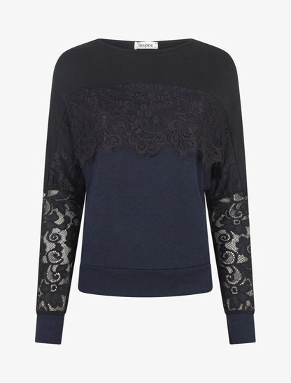 Pull fin dolman à bande dentelle - Marine - 4