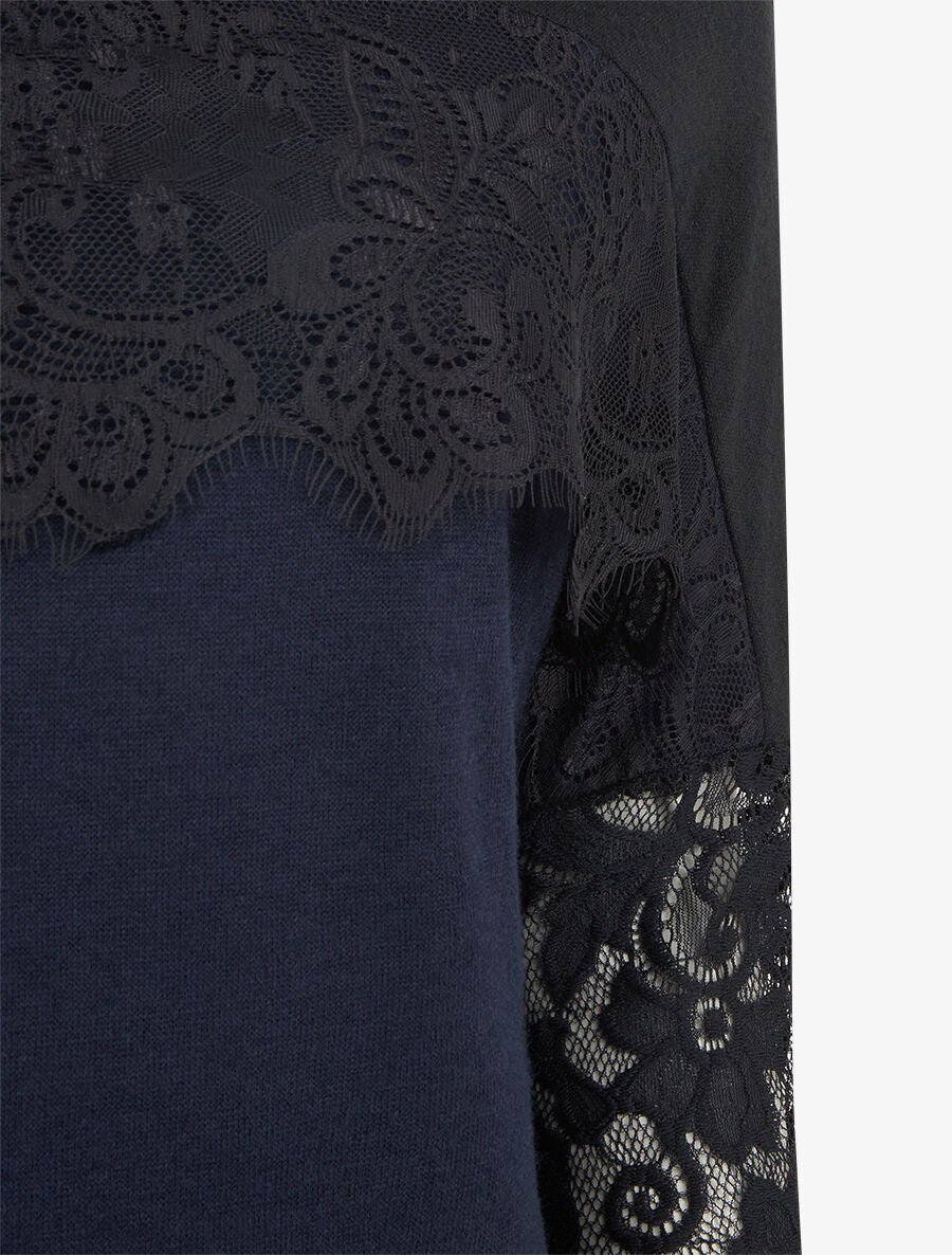 Pull fin dolman à bande dentelle - Marine - 3