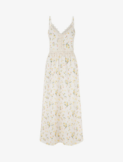 Robe longue imprimé petites fleurs à détail crochet - Jaune - 1