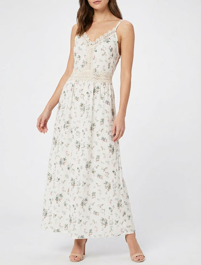 Langes Kleid mit kleinen Blumenmuster und Häkel-Details - Kaki