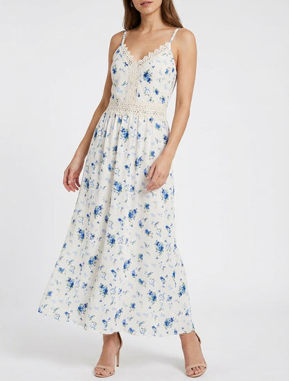 Langes Kleid mit kleinen Blumenmuster und Häkel-Details - Blau