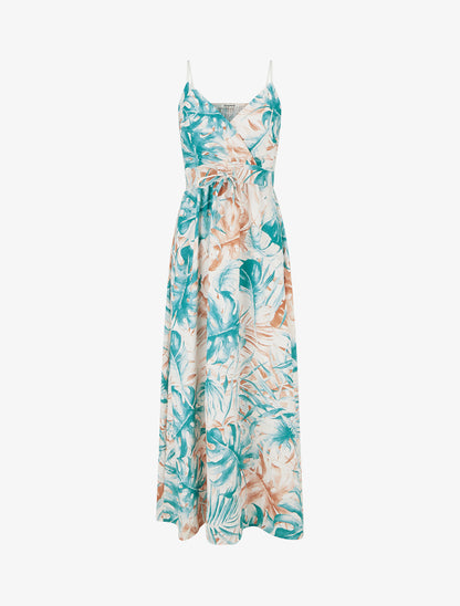 Robe longue à dos élastiqué imprimé feuillage - Turquoise - 1