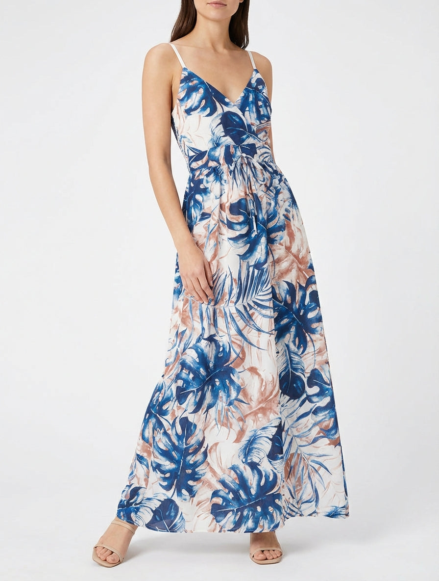 Langes Kleid mit elastischem Rücken und Blattdruck - Marine