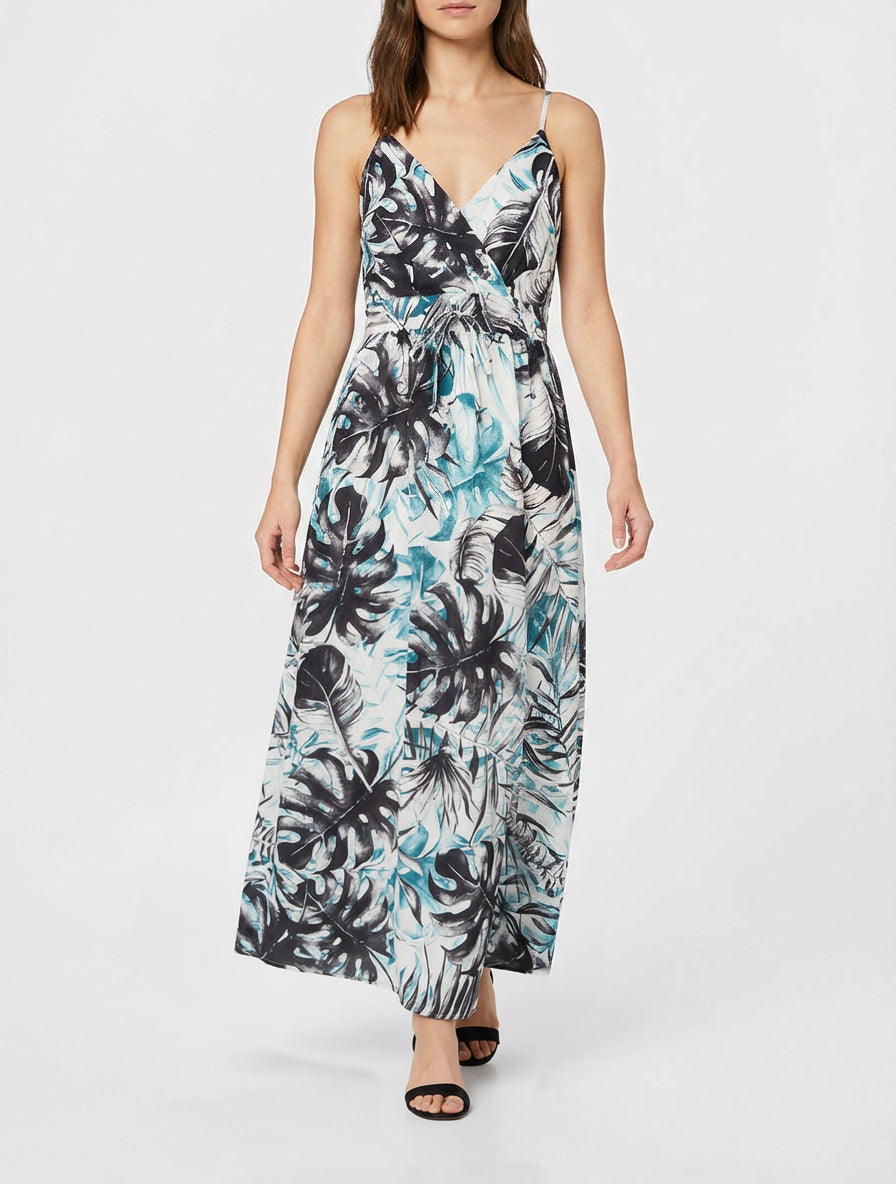 Langes Kleid mit elastischem Rücken und Blattdruck - Schwarz