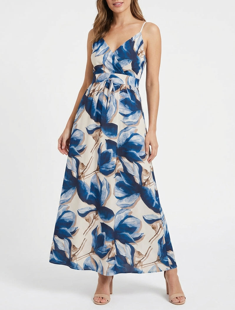 Langes Kleid mit elastischem Rücken und Blumenmuster - Marine