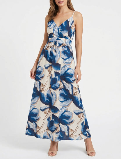 Langes Kleid mit elastischem Rücken und Blumenmuster - Marine