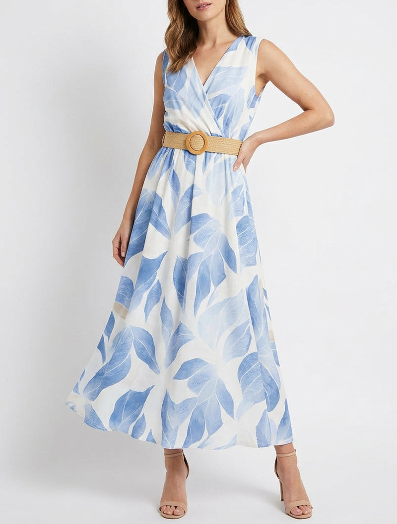 Blätterdruckkleid mit Wickelausschnitt - Himmelblau