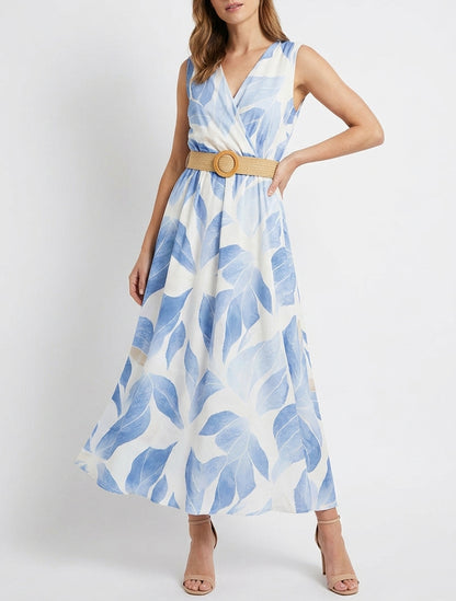 Blätterdruckkleid mit Wickelausschnitt - Himmelblau