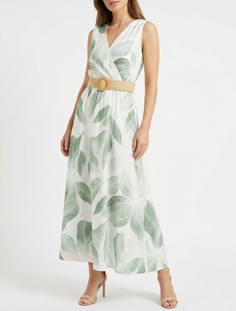 Blätterdruckkleid mit Wickelausschnitt - Kaki