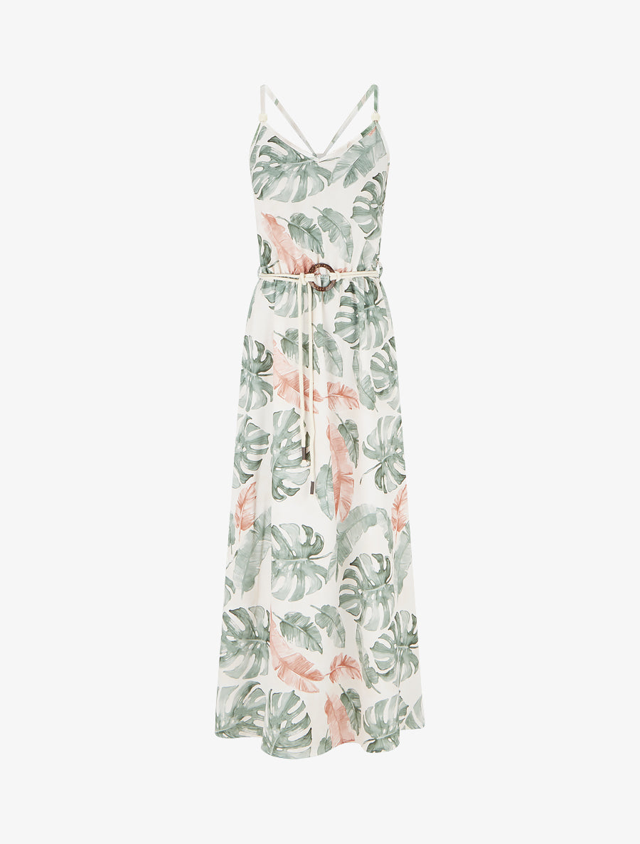 Robe longue imprimé feuillage à taille élastiquée - Kaki - 1