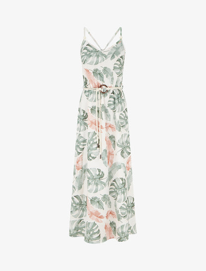 Robe longue imprimé feuillage à taille élastiquée - Kaki - 1