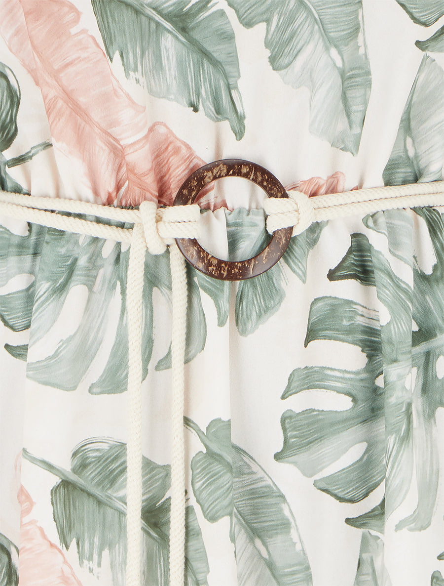 Robe longue imprimé feuillage à taille élastiquée - Kaki - 3