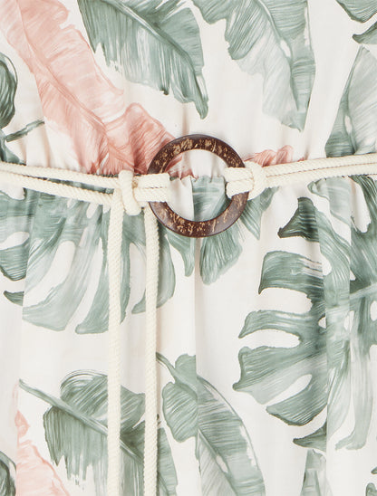 Robe longue imprimé feuillage à taille élastiquée - Kaki - 3