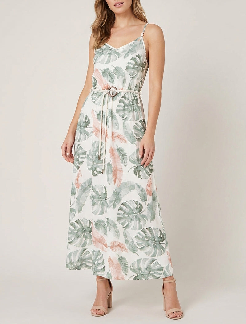 Langes Kleid mit Blattdruck und elastischer Taille - Kaki