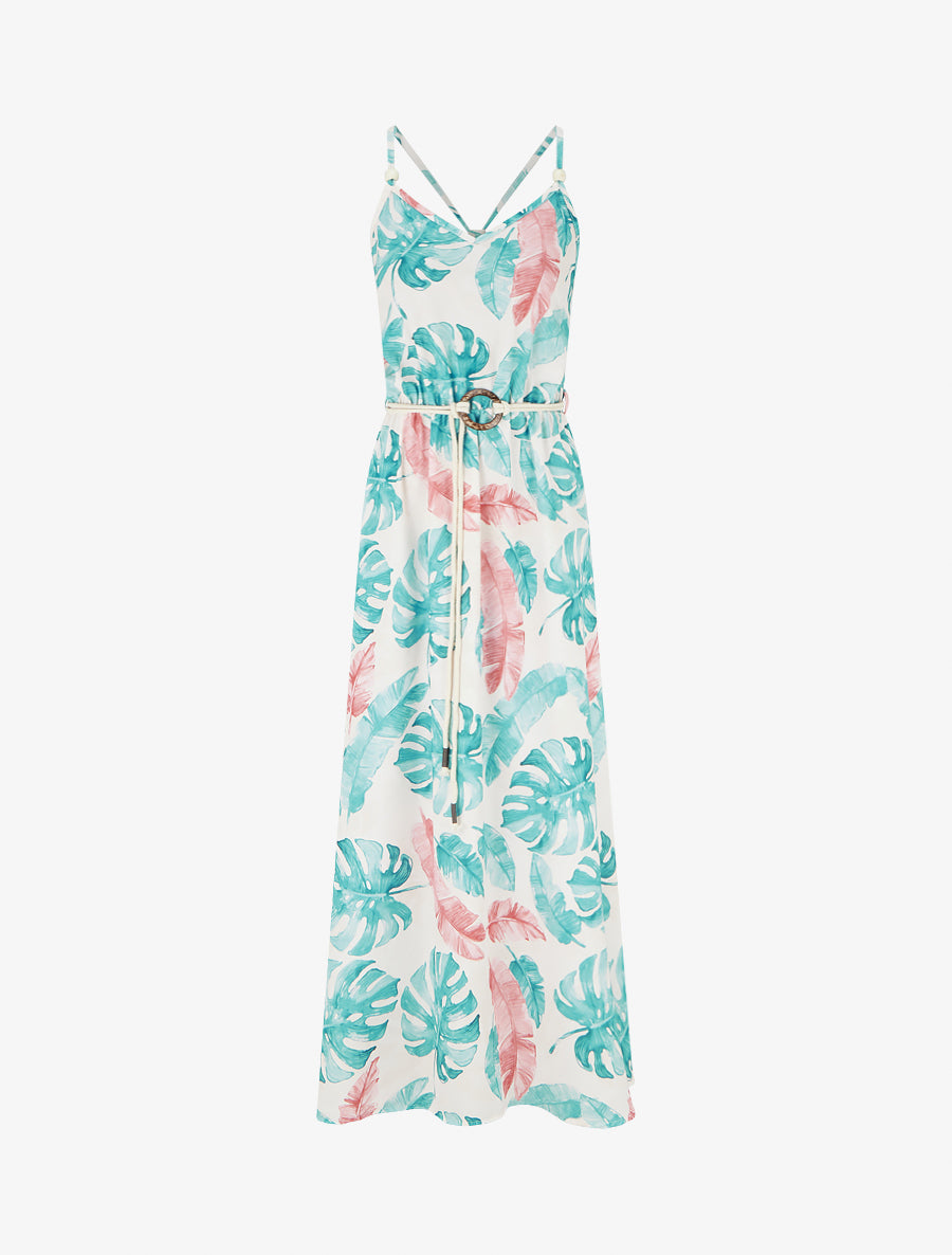 Robe longue imprimé feuillage à taille élastiquée - Turquoise - 1