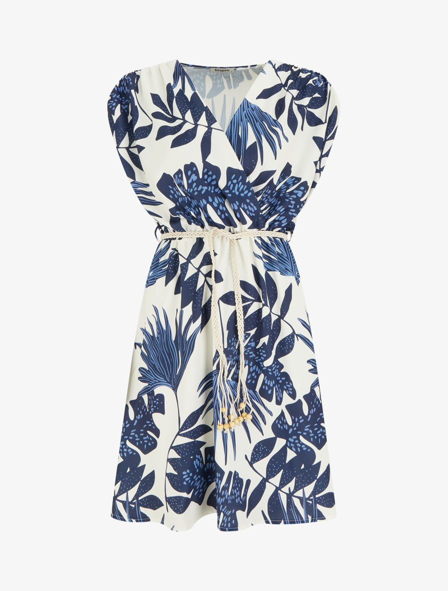 Robe mi-longue sans manches imprimé tropical - Marine - 1