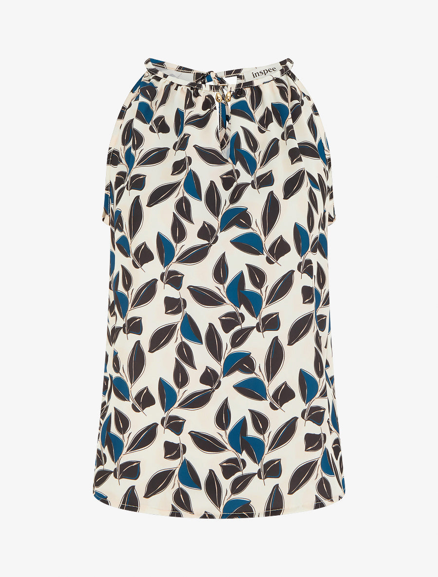 Top satiné sans manches imprimé feuilles - Noir - 1