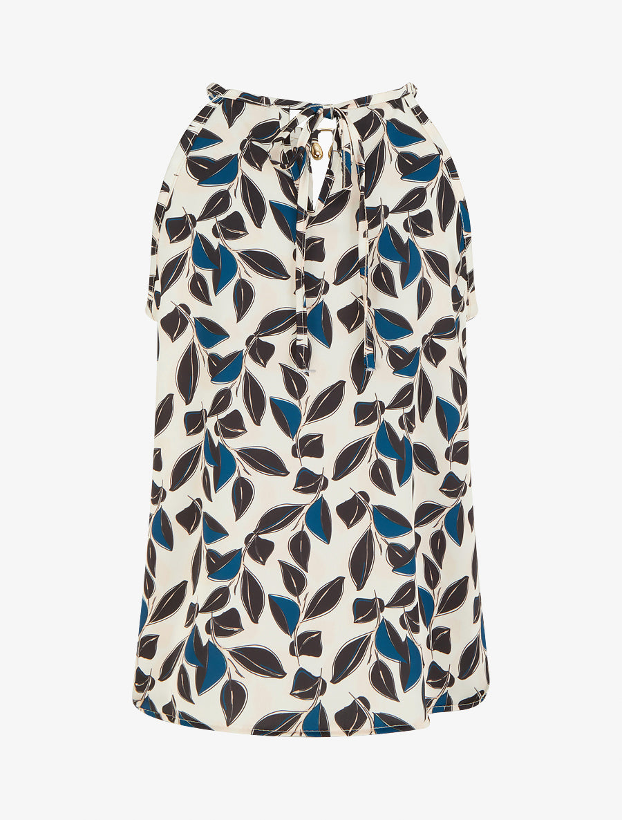 Top satiné sans manches imprimé feuilles - Noir - 2