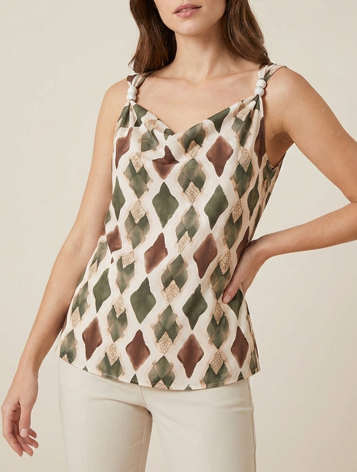 Grafisches Trägertop mit Perlen besetzt - Kaki