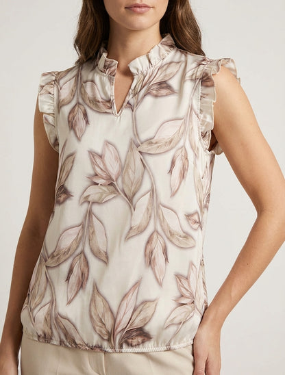 Top aus satin mit blätterdruck - Beige
