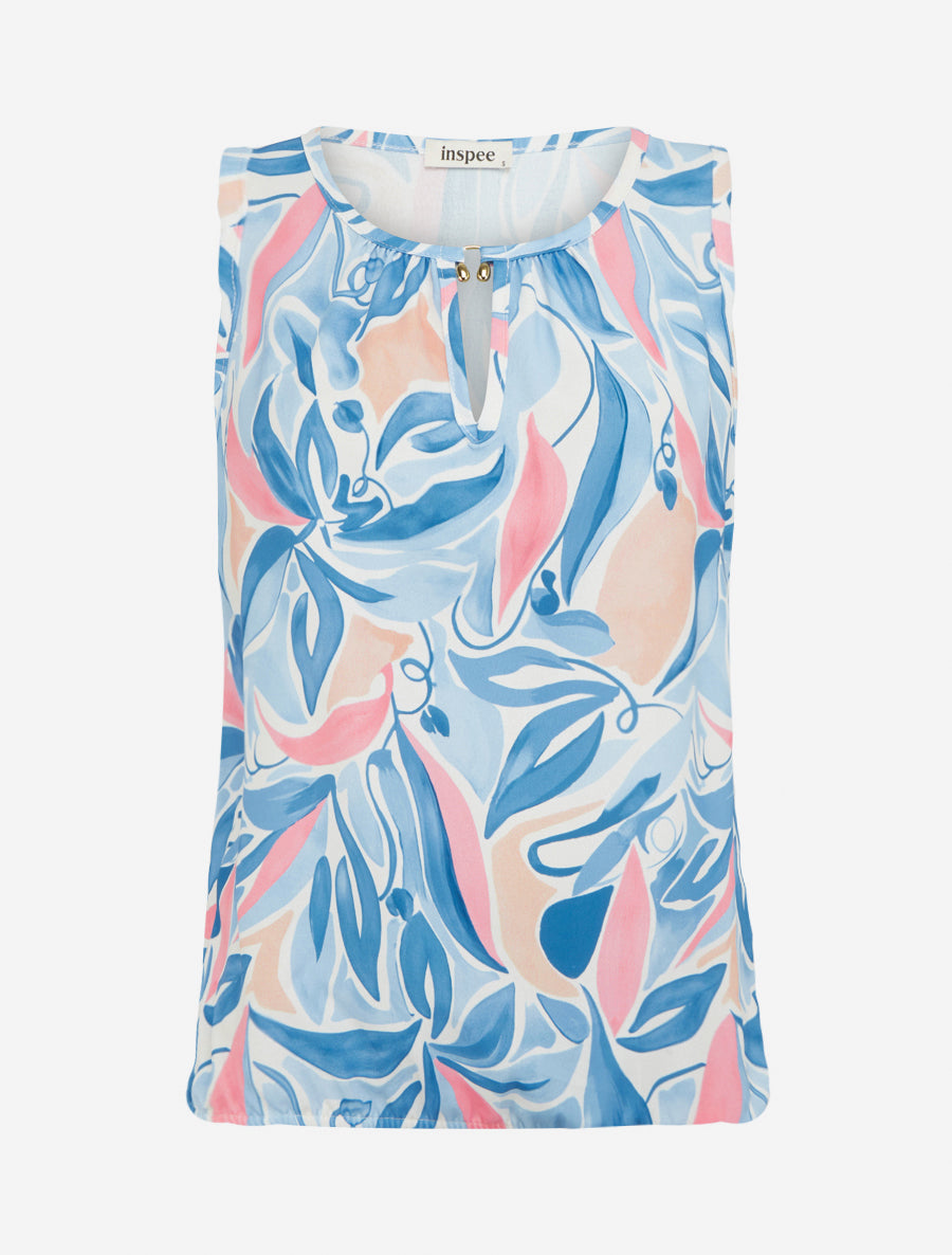 Top boule sans manches imprimé végétal - Bleu ciel - 1