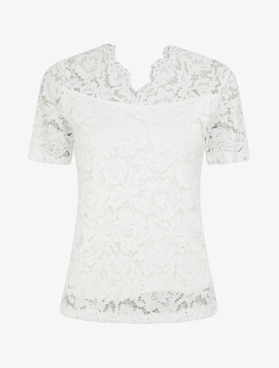 Top en dentelle à manches courtes - Blanc - 1