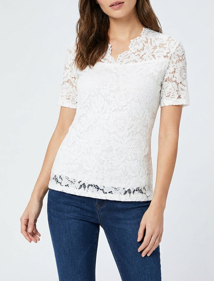 Spitzenoberteil mit kurzen Ärmeln - Weiß