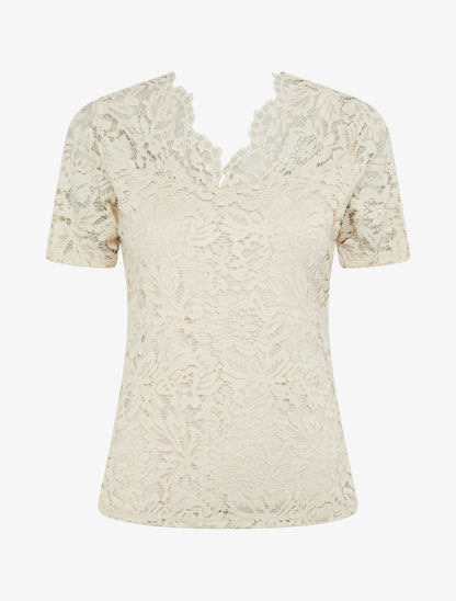 Top en dentelle à manches courtes - Beige - 1