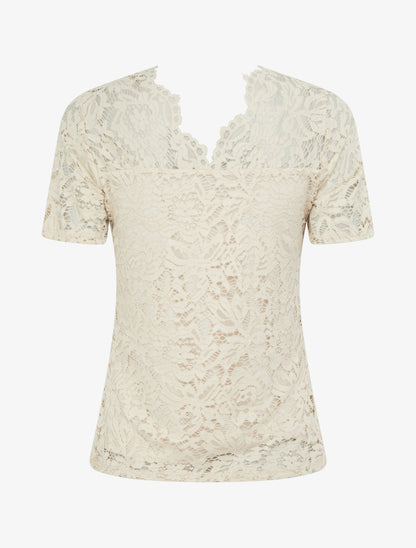 Top en dentelle à manches courtes - Beige - 2