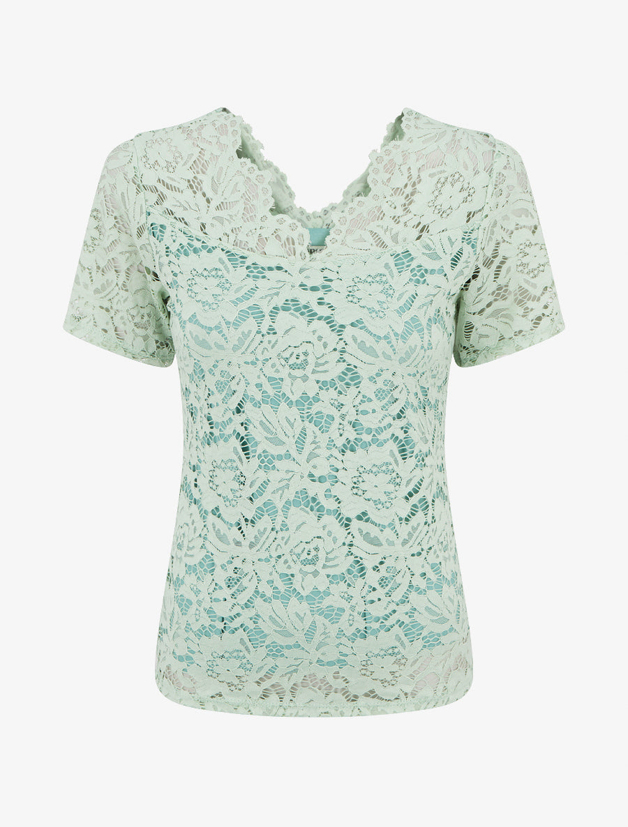 Top en dentelle à manches courtes - Vert clair - 1
