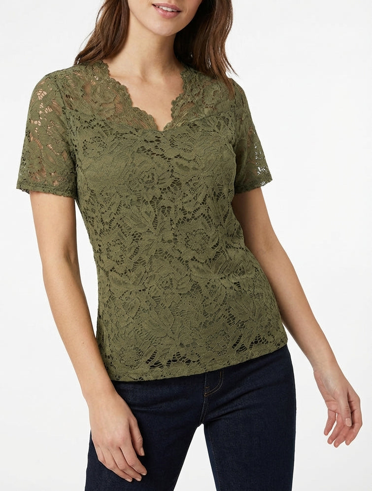 Spitzenoberteil mit kurzen Ärmeln - Kaki