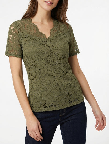 Spitzenoberteil mit kurzen Ärmeln - Kaki