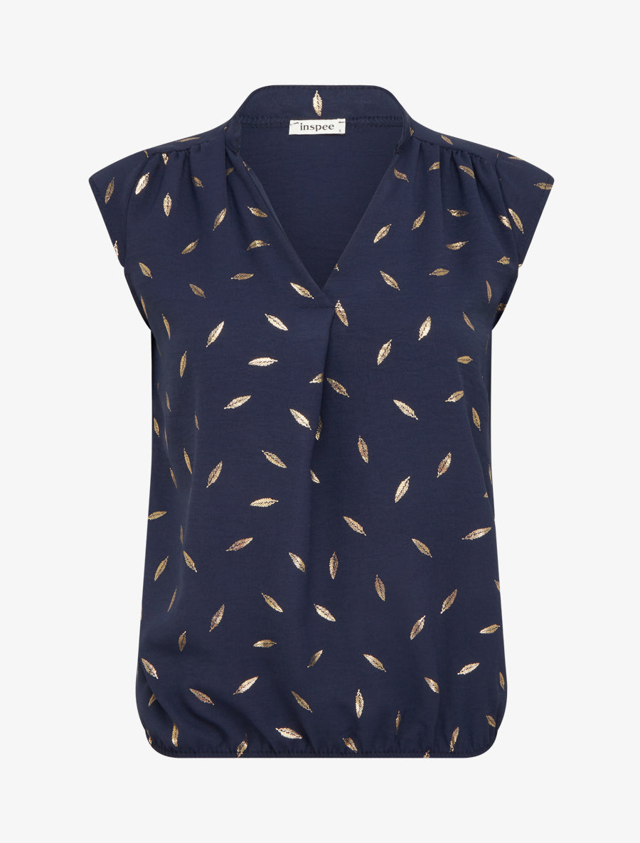Top élastiqué à imprimé plumes irisées - Marine - 1